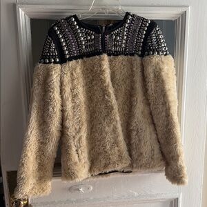 Free People Embellished Teddy Jacket in Cream and Black